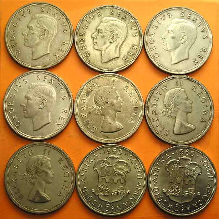 Nine (x9) Silver 5 Shillings 1951 to 1960. Bid is per coin. You must take all nine.