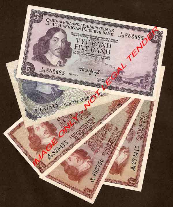 Five (x5) Banknotes R5, R2, 3 x R1 TW de Jongh * NICE GRADES *