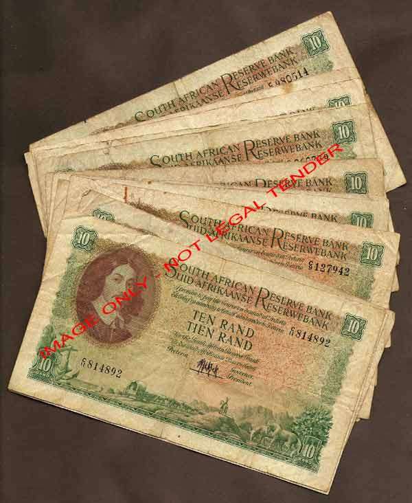 Lot of Thirteen (x13) MH de Kock 10 Rand Banknotes 1961