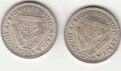 SA Union Silver Pair of 1959 Three Pence Coins One KG one without KG