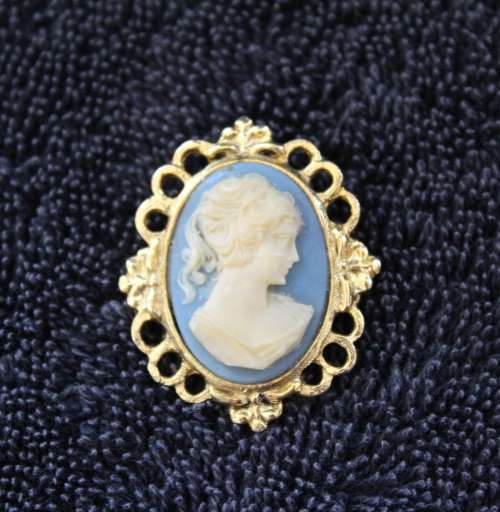 Vintage Cameo Brooch with Light Blue background