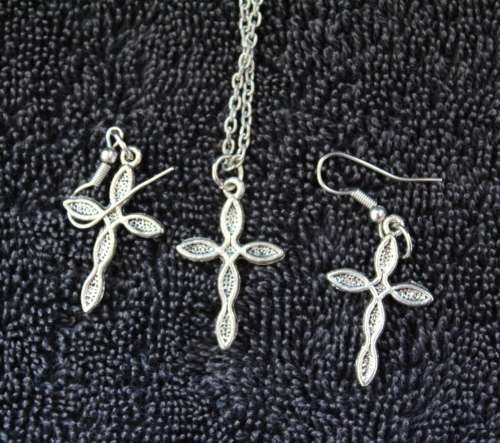 Silver Coloured Necklace with Cross Pendant & Matching Earrings