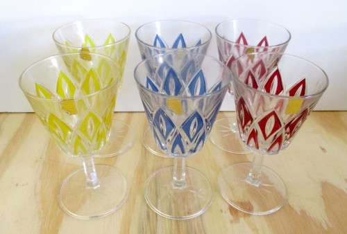 Vintage Retro French Reims Harlequin Wine Glasses - Set of Six - Made in France