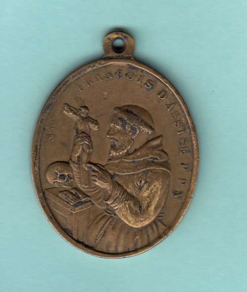 Antique Religious Bronze medal Pendant. Mary conceived without sin, opposite Si Francis from Assisi