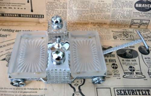 Vintage Glass and Plate Carraige Condiment Set Small chip on corner of one Jam Dish