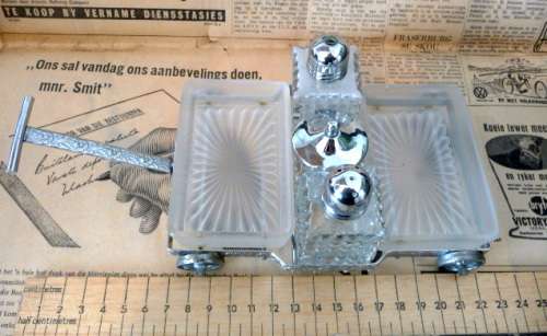 Vintage Glass and Plate Carraige Condiment Set Small chip on corner of one Jam Dish