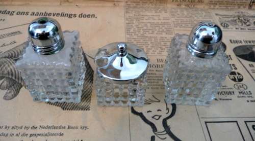 Vintage Glass and Plate Carraige Condiment Set Small chip on corner of one Jam Dish