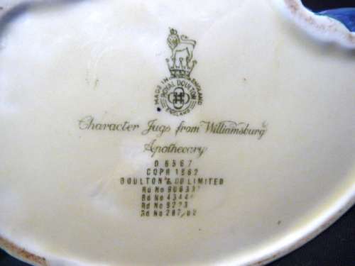 Large 7" Apothecary-1962  Character Jugs from Williamsburg-Royal Doulton D6567 Excellent Condition