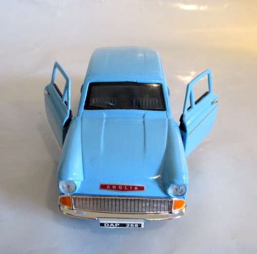 Saico 1/32 Diecast Ford Anglia 105e in Blue With Pull Back Motor. Excellent Condition.