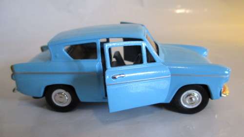 Saico 1/32 Diecast Ford Anglia 105e in Blue With Pull Back Motor. Excellent Condition.