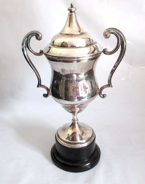 Large Vintage EPNS Silverplate Handled Trophy on Bakelite Stand. Engraved. Plate very Good.