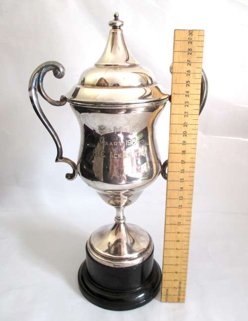Large Vintage EPNS Silverplate Handled Trophy on Bakelite Stand. Engraved. Plate very Good.