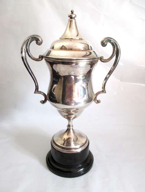Large Vintage EPNS Silverplate Handled Trophy on Bakelite Stand. Engraved. Plate very Good.