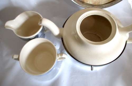 Art Deco Ceramic & Chrome Insulated 3 Piece Tea Set. Please note repairs on Sugar Pot handle.