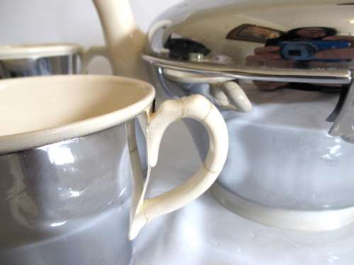 Art Deco Ceramic & Chrome Insulated 3 Piece Tea Set. Please note repairs on Sugar Pot handle.