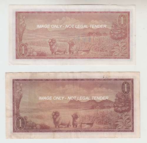 2 SA Reserve Bank Notes. One Rand. Both T W de Jongh. Different Sizes. 1961 - 1975.