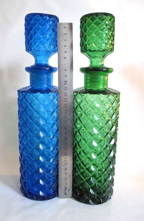 Vintage Large Diamond Pattern Retro Coloured Decanters.