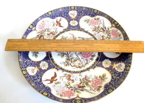 Large Blue Imari Style Plate Ornate Floral Birds Gilt Chinese Japanese Asian Porcelain. 26cm. Spotle