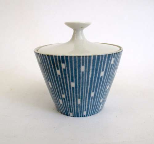 Vintage Schonwald Porcelain Germany Blue Lines White Squares Sugar Pot. Mid Century. 7cm high