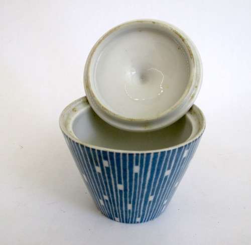 Vintage Schonwald Porcelain Germany Blue Lines White Squares Sugar Pot. Mid Century. 7cm high