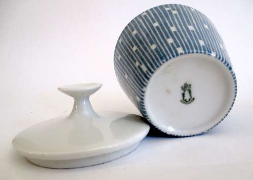 Vintage Schonwald Porcelain Germany Blue Lines White Squares Sugar Pot. Mid Century. 7cm high