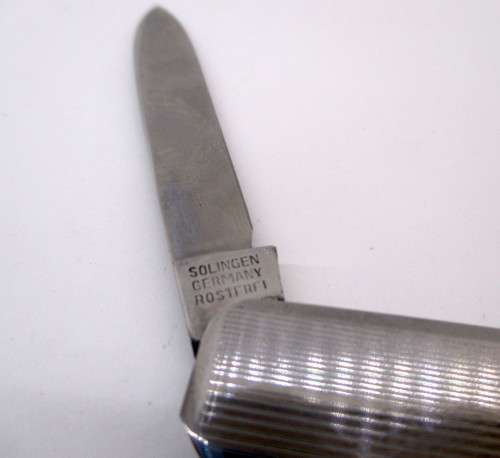 SOLINGEN ROSTFREI 40s Thin Pocket Knife Two Blades, File Stainless Steel. Unused, in Holder.