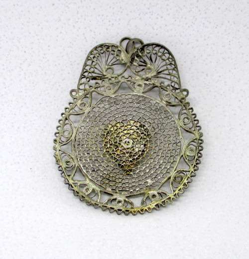 Vintage Silver Filigree Pendant with Golden Engraved Detail in Centre.