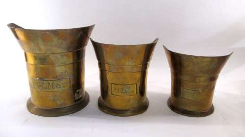 Set of Three VIntage Brass Measuring Jugs. Measure 1/2 litre, 2DL and 1 DL.