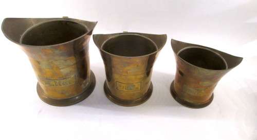 Set of Three VIntage Brass Measuring Jugs. Measure 1/2 litre, 2DL and 1 DL.