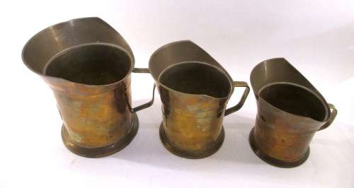 Set of Three VIntage Brass Measuring Jugs. Measure 1/2 litre, 2DL and 1 DL.