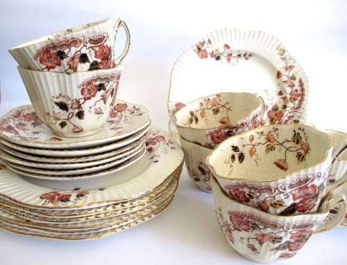 Lot of 7 Vintage Delicate Porcelain Trio's. Autunm Theme, gold Rim. Some crazing in cups. No Chips.
