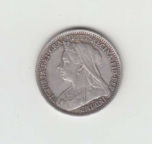 1900 Queen Victoria British Silver `Widow Head` Threepence