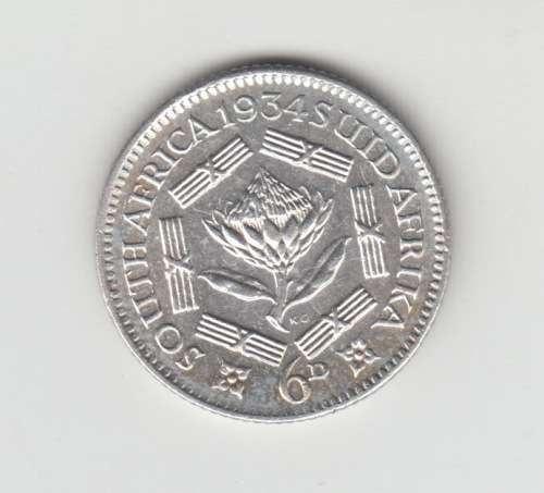 1934 South Africa Silver SixPence UNC