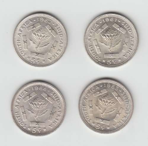 1961 to 1964 Full Set of Silver 5c Republic of SA