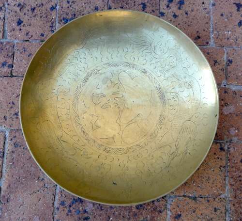 Vintage Large Hand Engraved Chinese Brass Bowl. Makers Mark. 33 x 5 cm