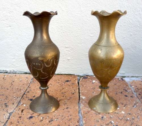 Pair of Vintage Brass Flower Vases. Different Colors. 15cm high