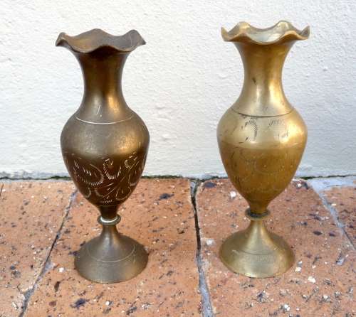 Pair of Vintage Brass Flower Vases. Different Colors. 15cm high