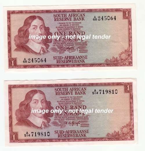 Set of Two South African One Rand Notes - Two Governers