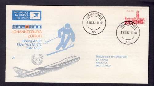 SA AIRWAYS FLIGHT COVER 36 1982 Boeing 747SP SA 273 Flight JHB-Zurich