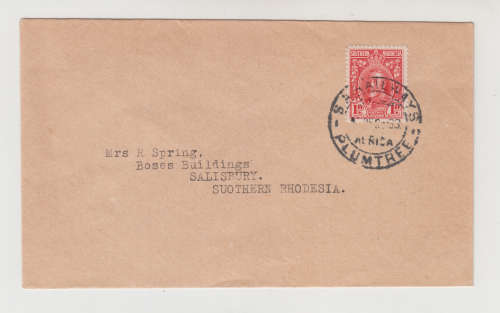 SA Railway Plumtree Postmark with Southern Rhodesia 1d Stamp.