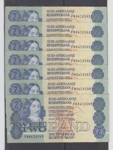 Lot of 7 UNC CONSECUTIVE 1984 South African Two Rand Note A/E