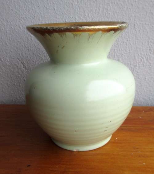 Lovely Vintage Light Green Bubbble Flower Vase. Gold Rim. 140mm high,