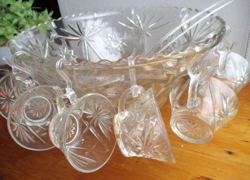 Glass Punch Bowl Set - 27 Piece Vintage Glass with 12 Punch Cups and ladle. Perfect for PARTIES.