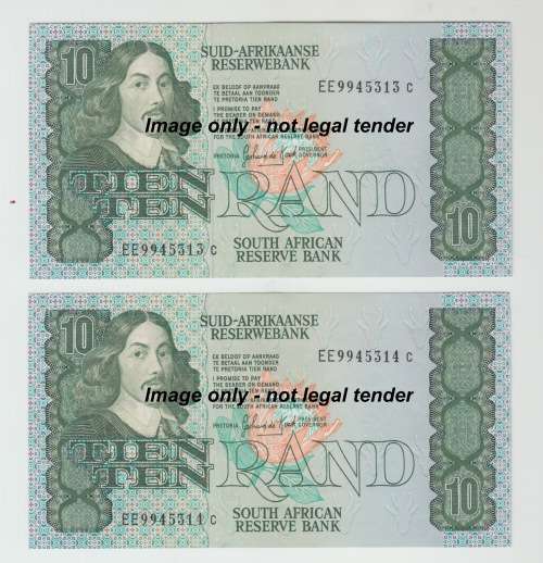 1990 South Africa Reserve Bank Ten Rand Note  - G de Kock UNC 2 Consecutive