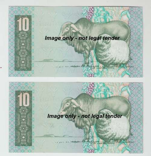 1990 South Africa Reserve Bank Ten Rand Note  - G de Kock UNC 2 Consecutive