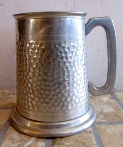 Vintage Hammered Pewter Glass Bottom Tankard. Marked Hallstatt Pewter England.