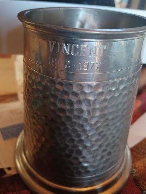 Vintage Hammered Pewter Glass Bottom Tankard. Marked Hallstatt Pewter England.