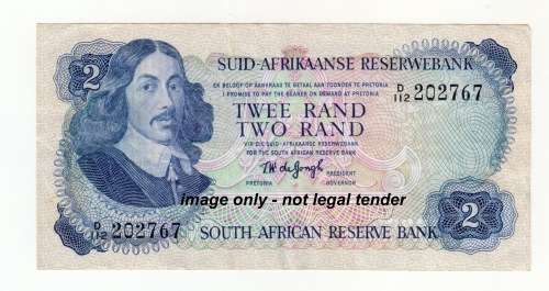 1974 South African Reserve Bank Two Rand Note. T W de Jongh.