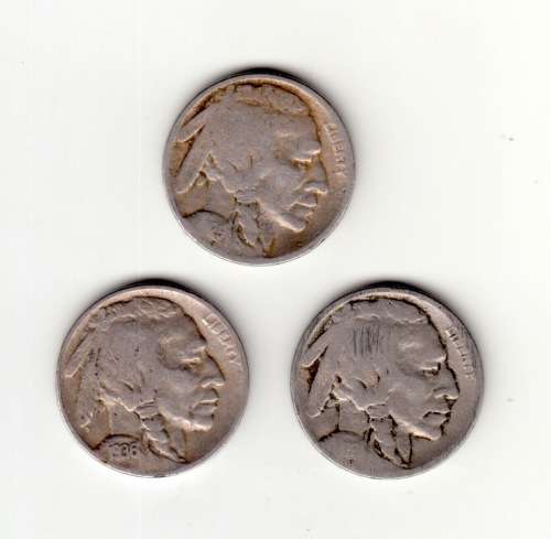 3x USA Buffalo Five Cents. 1929, 1936 and one other.