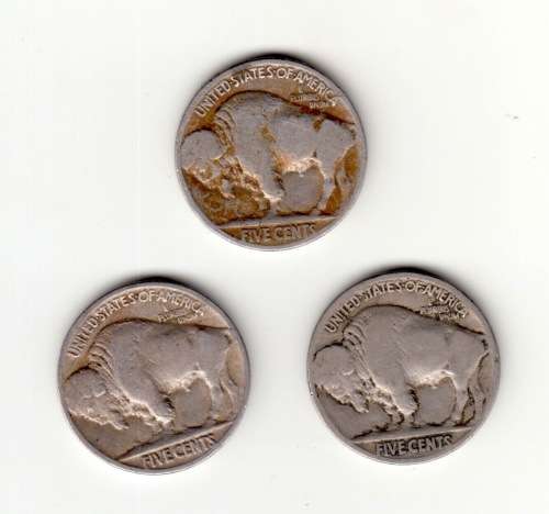 3x USA Buffalo Five Cents. 1929, 1936 and one other.